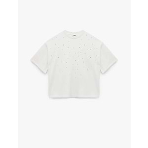 Kadın Giyim Kısa Kollu Bisiklet Yaka Taş Detaylı Tişört - KOTON - 6WAK50084EK - EKRU - L