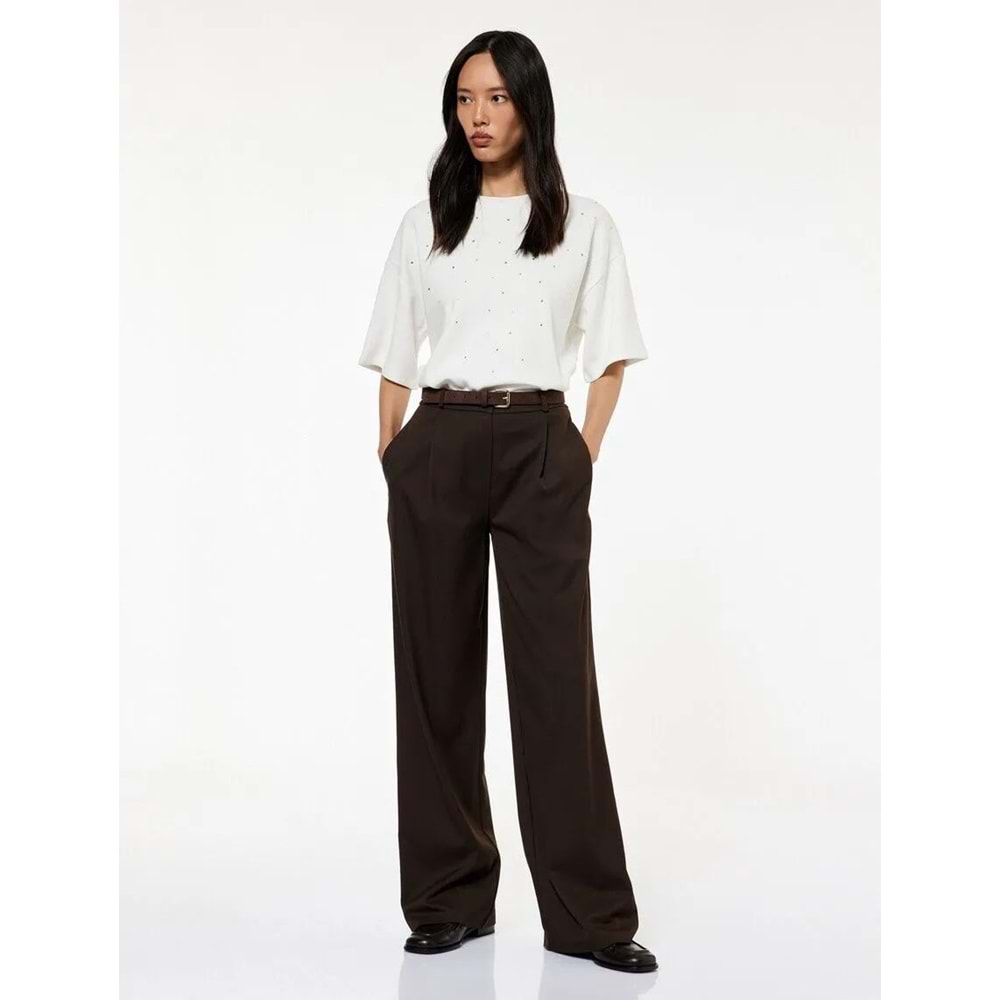 Kadın Giyim Kısa Kollu Bisiklet Yaka Taş Detaylı Tişört - KOTON - 6WAK50084EK - EKRU - L