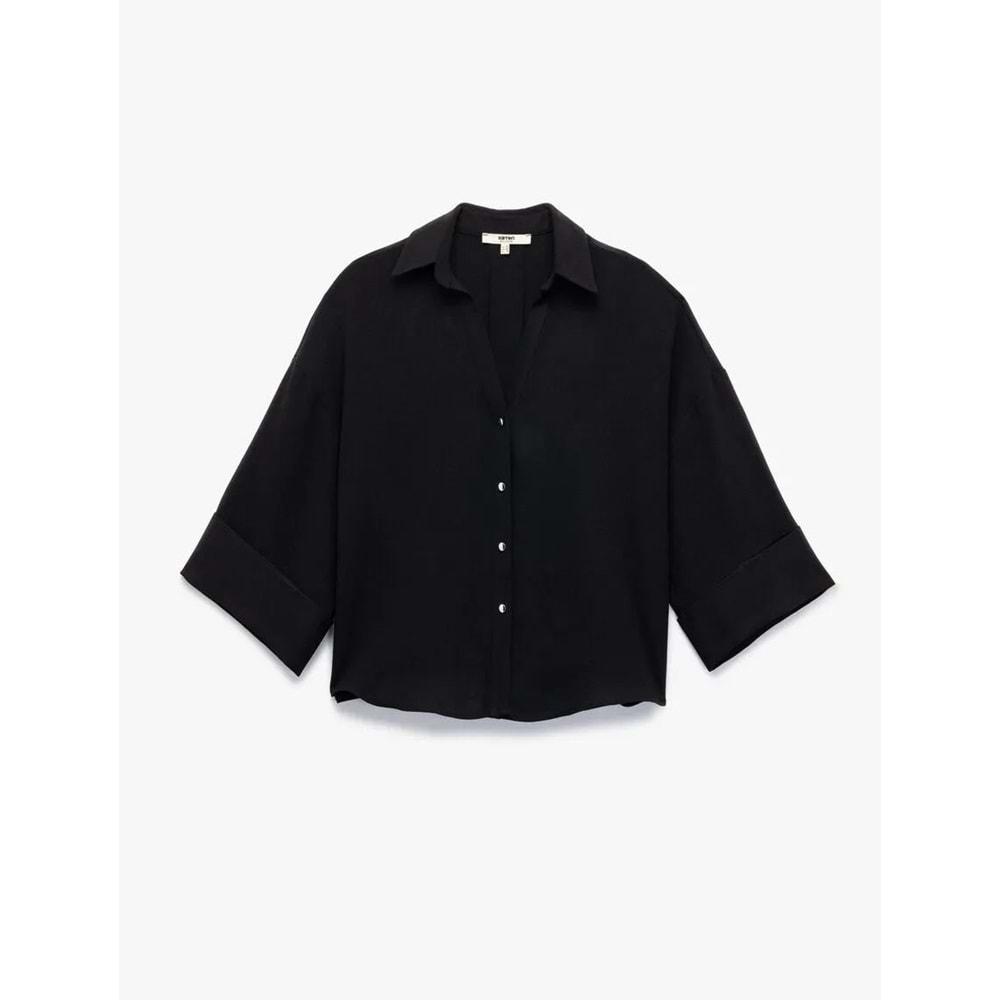 Kadın Giyim Krep Kumaş 3/4 Kollu Oversize Gömlek - KOTON - 6WAK60061UW - SİYAH - 34