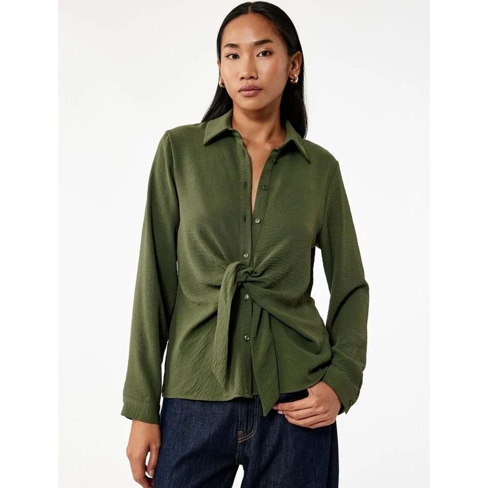 Kadın Giyim Aerobin Kumaş Önden Bağlama Detaylı Klasik Yaka Uzun Kollu Gömlek - KOTON - 6WAK60099PW - HAKİ - 34