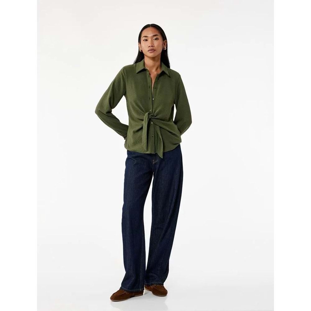 Kadın Giyim Aerobin Kumaş Önden Bağlama Detaylı Klasik Yaka Uzun Kollu Gömlek - KOTON - 6WAK60099PW - HAKİ - 34