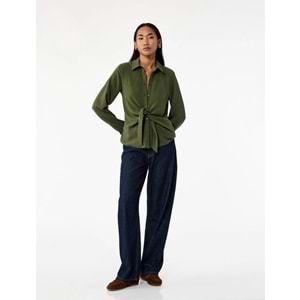 Kadın Giyim Aerobin Kumaş Önden Bağlama Detaylı Klasik Yaka Uzun Kollu Gömlek - KOTON - 6WAK60099PW - HAKİ - 34