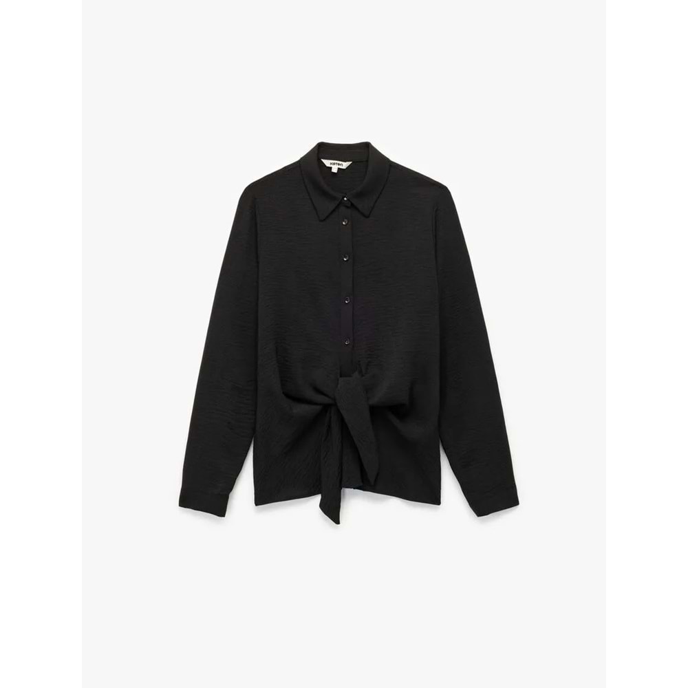 Kadın Giyim Aerobin Kumaş Önden Bağlama Detaylı Klasik Yaka Uzun Kollu Gömlek - KOTON - 6WAK60099PW - SİYAH - 38