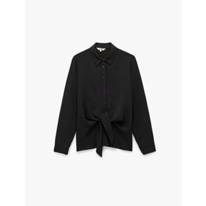 Kadın Giyim Aerobin Kumaş Önden Bağlama Detaylı Klasik Yaka Uzun Kollu Gömlek - KOTON - 6WAK60099PW - SİYAH - 38