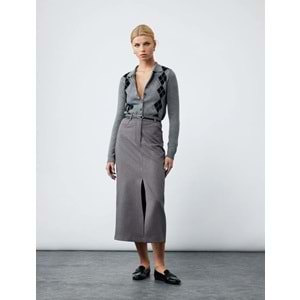 Kadın Giyim Önden Yırtmaç Detaylı Cepli Kemerli Midi Boy Kalem Etek - KOTON - 6WAK70032UW - ANTRASİT - 36