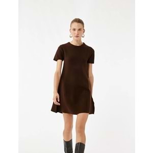 Kadın Giyim Regular Fit Kısa Kollu Bisiklet Yaka A Kesim Mini Triko Elbise - KOTON - 6WAK80007HT - KAHVERENGİ - L