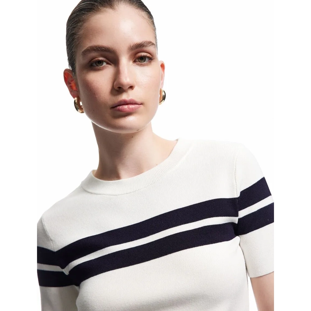 Kadın Giyim Viskon Kumaş Kısa Kollu Bisiklet Yaka Triko Sweatshirt - KOTON - 6WAK90118HT - LACİVERT ÇİZGİLİ - M