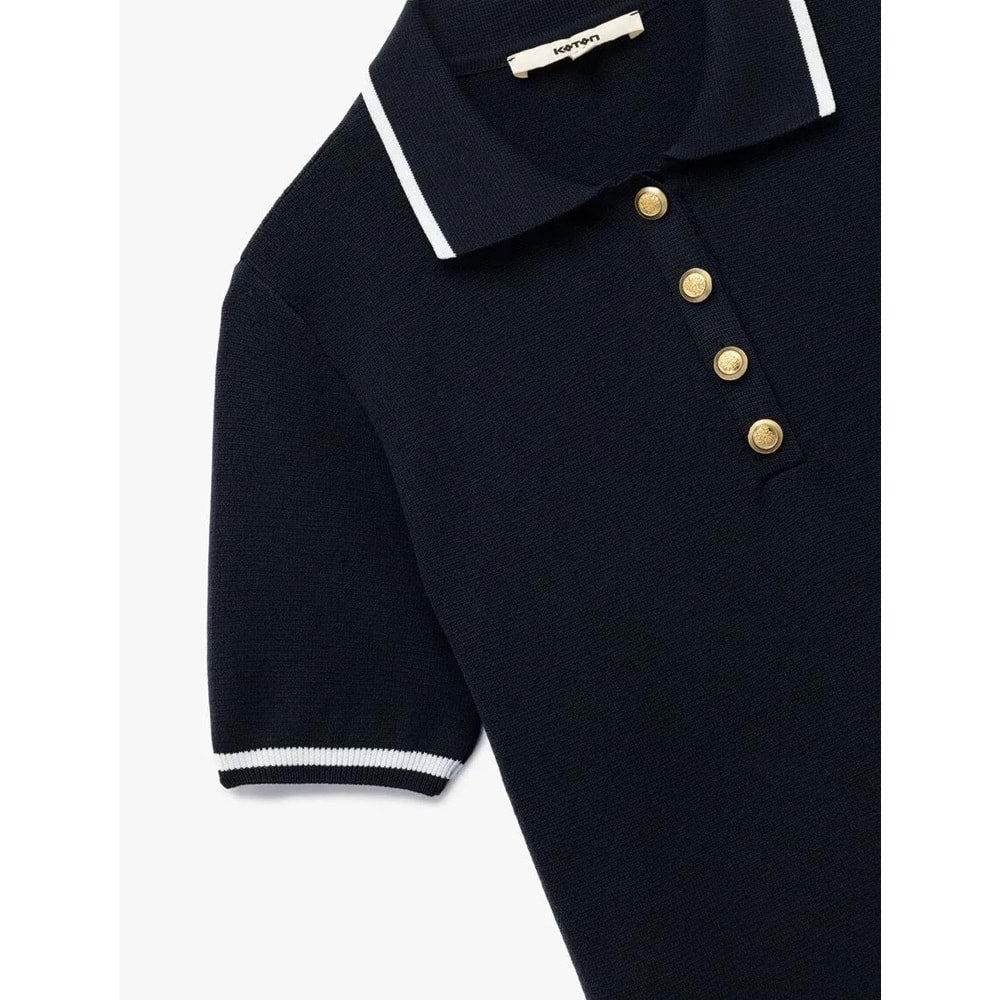 Kadın Giyim Düğmeli Kısa Kollu Polo Yaka Triko Kazak - KOTON - 6WAK90247HT - LACİVERT - M