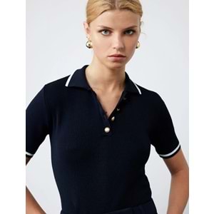 Kadın Giyim Düğmeli Kısa Kollu Polo Yaka Triko Kazak - KOTON - 6WAK90247HT - LACİVERT - M