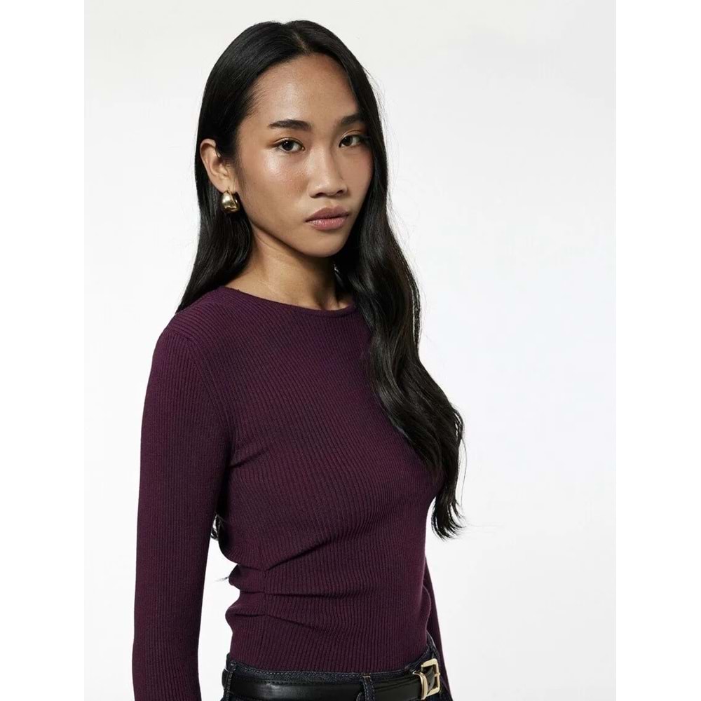 Kadın Giyim Uzun Kollu Yuvarlak Yaka Basic Triko Kazak - KOTON - 6WAK90371HT - BORDO - S