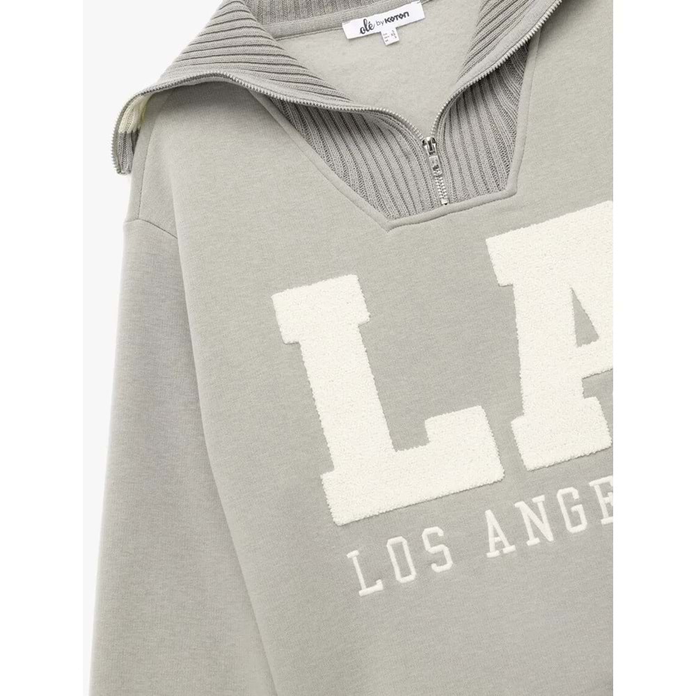 Kadın Giyim Şardonlu Uzun Kollu Yarım Fermuarlı Ayıcık Nakışlı Oversize Sweatshirt - KOTON - 6WAL10139IK - GRİ - M