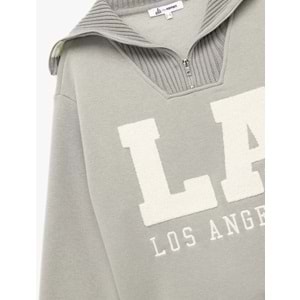 Kadın Giyim Şardonlu Uzun Kollu Yarım Fermuarlı Ayıcık Nakışlı Oversize Sweatshirt - KOTON - 6WAL10139IK - GRİ - M