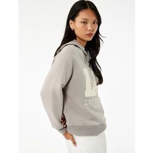 Kadın Giyim Şardonlu Uzun Kollu Yarım Fermuarlı Ayıcık Nakışlı Oversize Sweatshirt - KOTON - 6WAL10139IK - GRİ - M