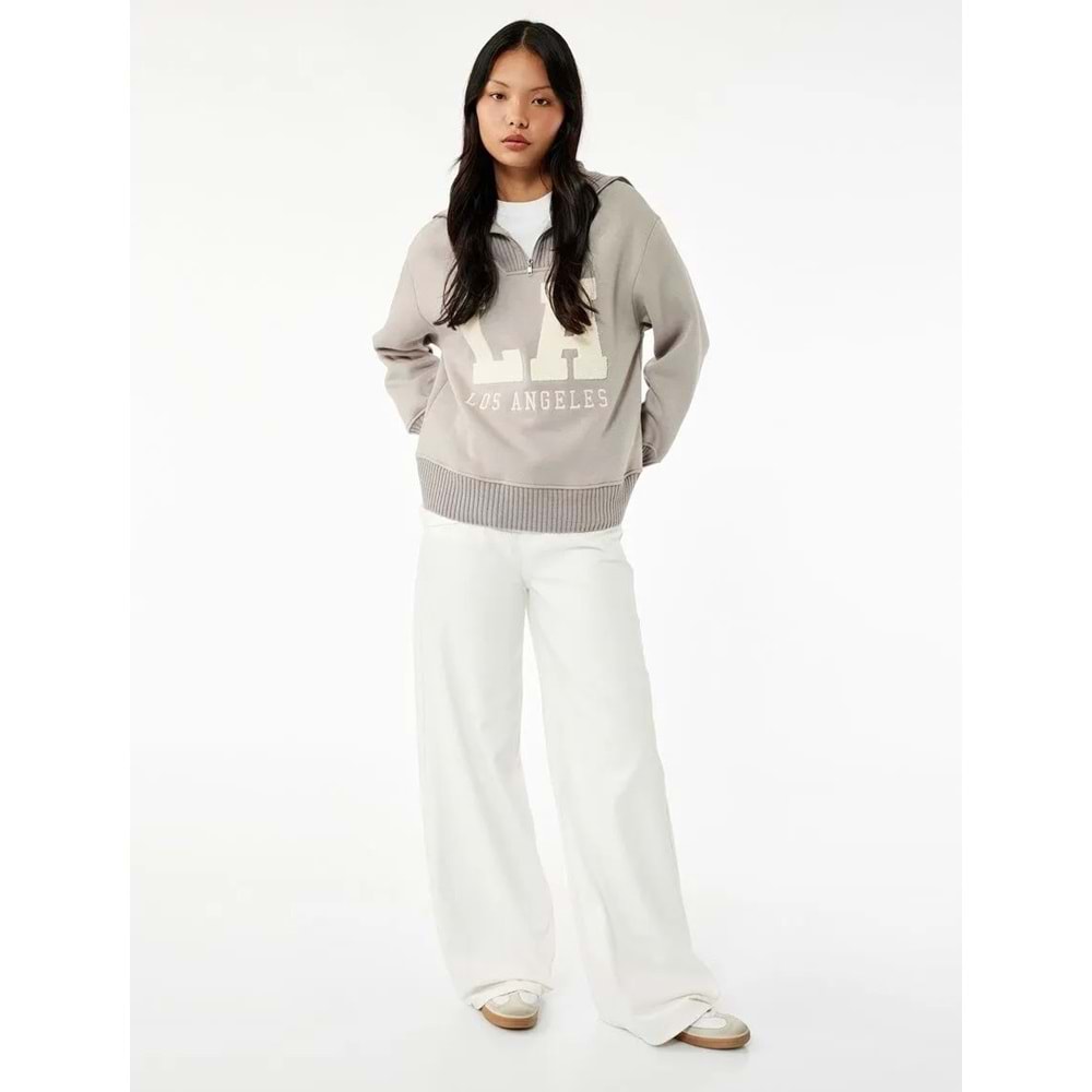 Kadın Giyim Şardonlu Uzun Kollu Yarım Fermuarlı Ayıcık Nakışlı Oversize Sweatshirt - KOTON - 6WAL10139IK - GRİ - S