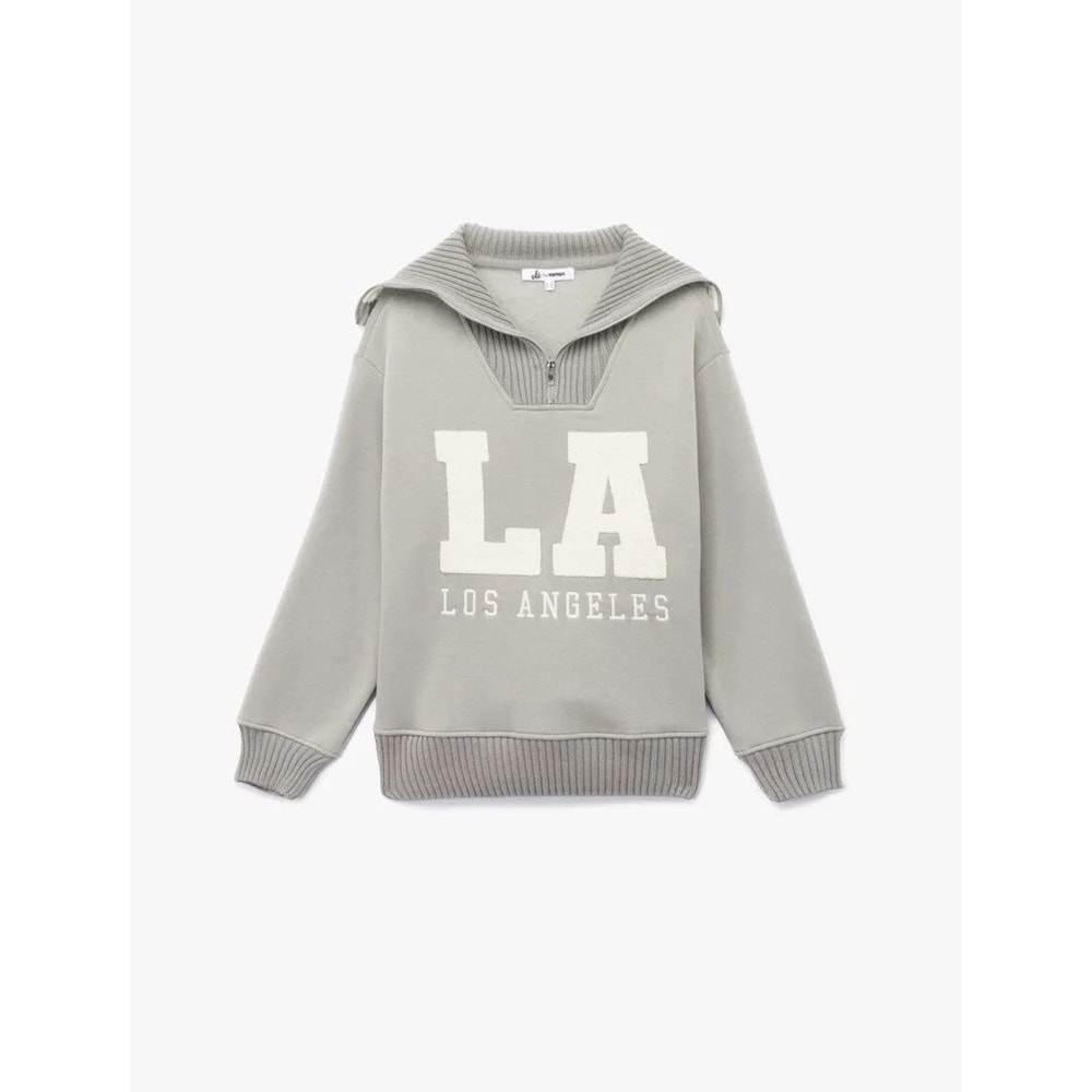 Kadın Giyim Şardonlu Uzun Kollu Yarım Fermuarlı Ayıcık Nakışlı Oversize Sweatshirt - KOTON - 6WAL10139IK - GRİ - S