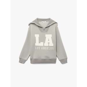 Kadın Giyim Şardonlu Uzun Kollu Yarım Fermuarlı Ayıcık Nakışlı Oversize Sweatshirt - KOTON - 6WAL10139IK - GRİ - S