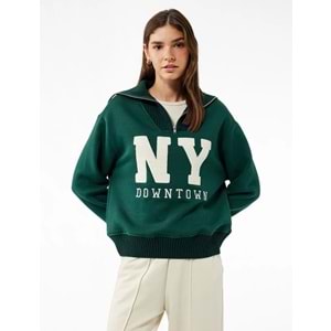 Kadın Giyim Şardonlu Uzun Kollu Yarım Fermuarlı Ayıcık Nakışlı Oversize Sweatshirt - KOTON - 6WAL10139IK - YEŞİL - S