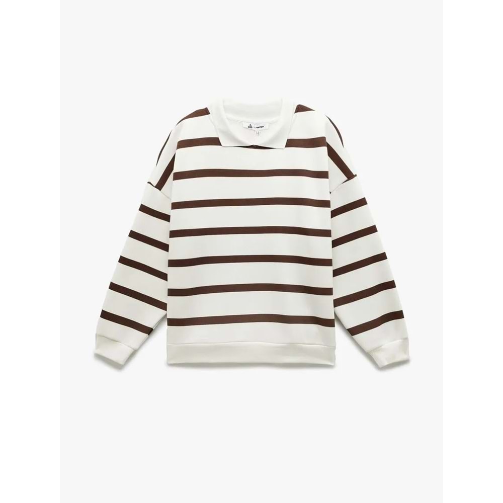 Kadın Giyim Şardonlu Polo Yaka Çizgili Oversize Sweatshirt - KOTON - 6WAL10230IK - KAHVERENGİ ÇİZGİLİ - M