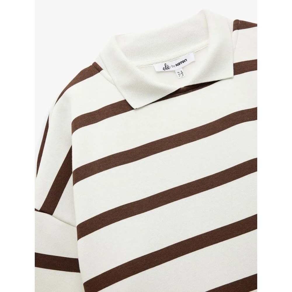 Kadın Giyim Şardonlu Polo Yaka Çizgili Oversize Sweatshirt - KOTON - 6WAL10230IK - KAHVERENGİ ÇİZGİLİ - M