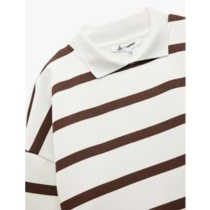 Kadın Giyim Şardonlu Polo Yaka Çizgili Oversize Sweatshirt - KOTON - 6WAL10230IK - KAHVERENGİ ÇİZGİLİ - M
