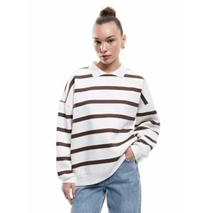 Kadın Giyim Şardonlu Polo Yaka Çizgili Oversize Sweatshirt - KOTON - 6WAL10230IK - KAHVERENGİ ÇİZGİLİ - S