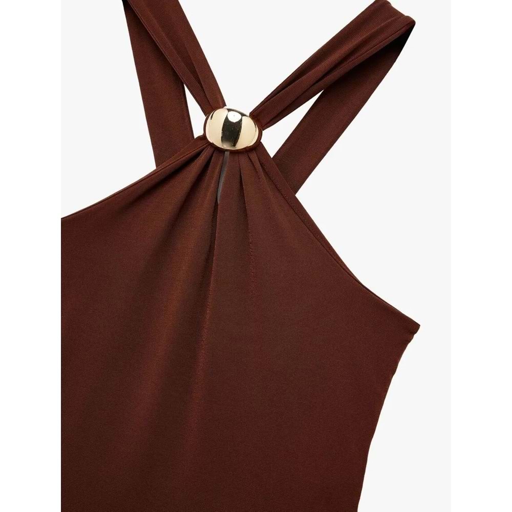 Kadın Giyim Metal Aksesuarlı Boyundan Çapraz Askılı Kolsuz Çıtçıtlı Body - KOTON - 6WAL30042IK - KAHVERENGİ - XS