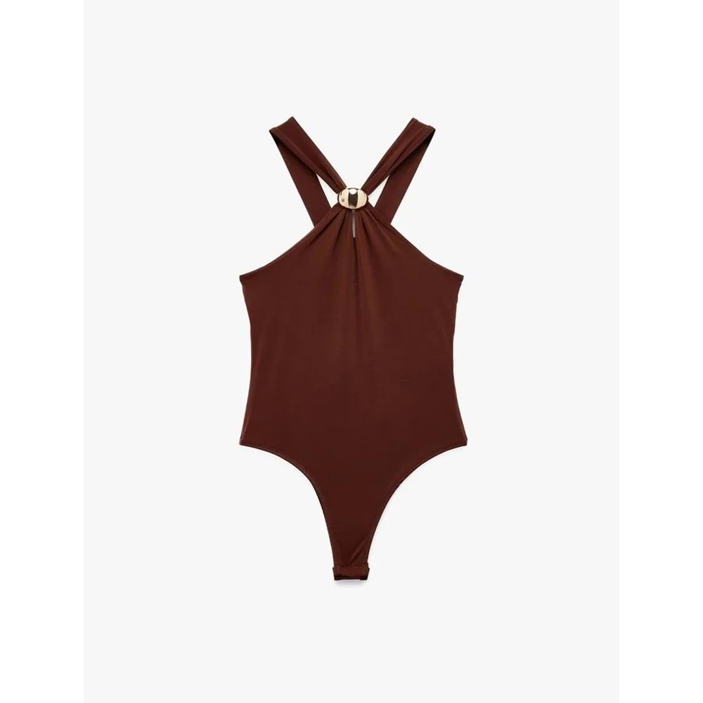 Kadın Giyim Metal Aksesuarlı Boyundan Çapraz Askılı Kolsuz Çıtçıtlı Body - KOTON - 6WAL30042IK - KAHVERENGİ - XS