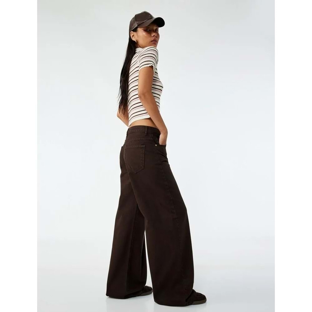 Kadın Giyim Pamuklu Bol Kesim Geniş Paça Jean Pantolon - Loose Straight Fit Jean - KOTON - 6WAL40016MW - KAHVERENGİ - 36