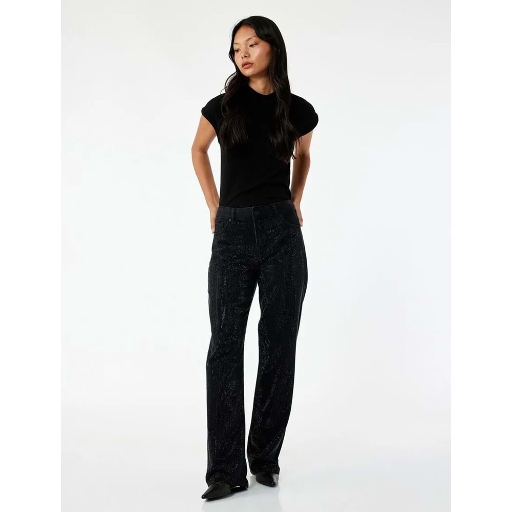 Kadın Giyim Yüksek Bel Taş Detaylı Düz Paça Jean Pantolon - Straight Fit Jean - KOTON - 6WAL40020MD - SİYAH - 26/32