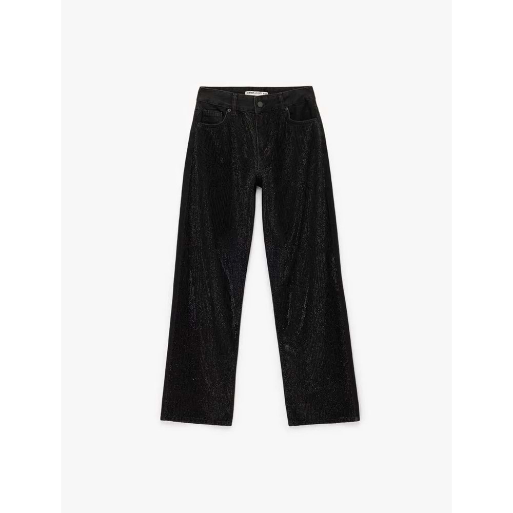 Kadın Giyim Yüksek Bel Taş Detaylı Düz Paça Jean Pantolon - Straight Fit Jean - KOTON - 6WAL40020MD - SİYAH - 26/32