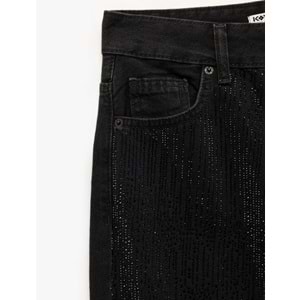 Kadın Giyim Yüksek Bel Taş Detaylı Düz Paça Jean Pantolon - Straight Fit Jean - KOTON - 6WAL40020MD - SİYAH - 26/32