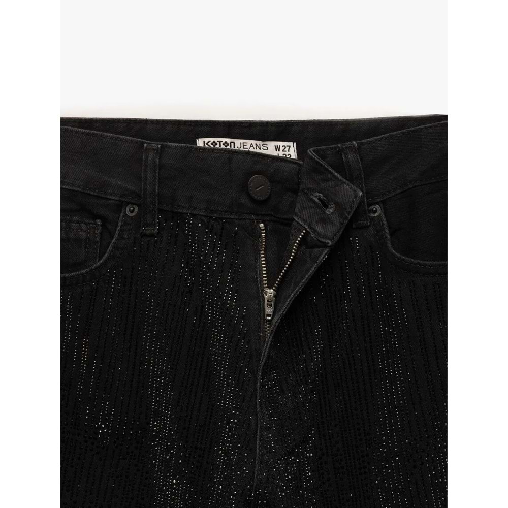 Kadın Giyim Yüksek Bel Taş Detaylı Düz Paça Jean Pantolon - Straight Fit Jean - KOTON - 6WAL40020MD - SİYAH - 26/32