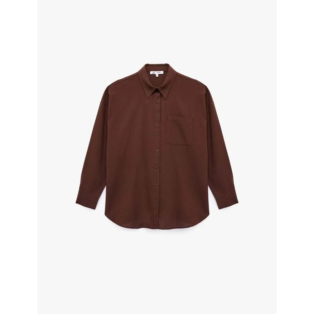 Kadın Giyim Pamuklu Klasik Yaka Düğmeli Uzun Kollu Oversize Gömlek - KOTON - 6WAL60011IW - KAHVERENGİ - 34