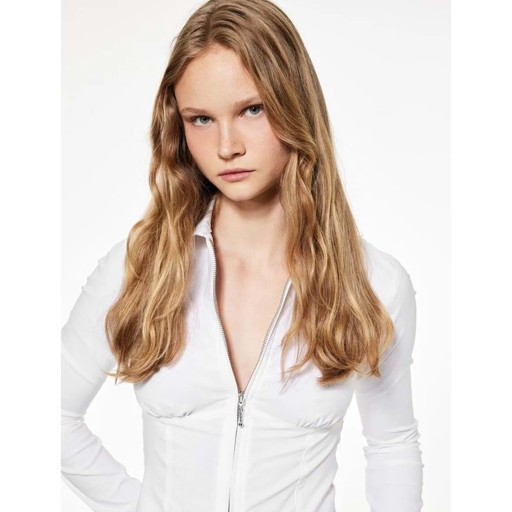 Kadın Giyim Klasik Yaka Korse Görünümlü Slim Fit Uzun Kollu Crop Fermuarlı Gömlek - KOTON - 6WAL60053IW - BEYAZ - 36