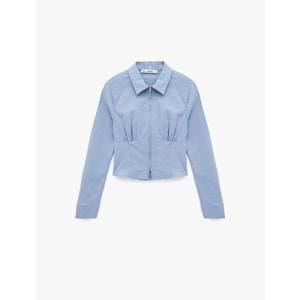 Kadın Giyim Klasik Yaka Korse Görünümlü Slim Fit Uzun Kollu Crop Fermuarlı Gömlek - KOTON - 6WAL60053IW - MAVİ - 34