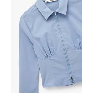 Kadın Giyim Klasik Yaka Korse Görünümlü Slim Fit Uzun Kollu Crop Fermuarlı Gömlek - KOTON - 6WAL60053IW - MAVİ - 34