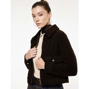 Kadın Giyim Uzun Kollu Klasik Yaka Cep Detaylı Oversize Fermuarlı Ceket - KOTON - 6WAL60068IW - KAHVERENGİ - 40