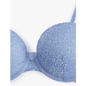 Kadın İç Giyim Çıkarılabilir Askılı Ekstra Dolgulu Maximizer Destekli Dantelli Sütyen - KOTON - 6WLK10023MK - MAVİ - 80B