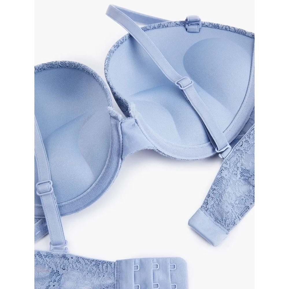 Kadın İç Giyim Çıkarılabilir Askılı Ekstra Dolgulu Maximizer Destekli Dantelli Sütyen - KOTON - 6WLK10023MK - MAVİ - 80B