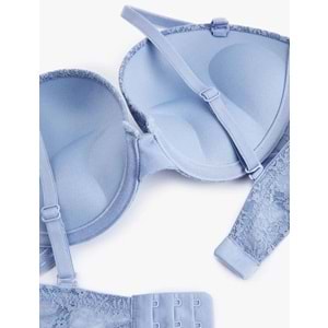 Kadın İç Giyim Çıkarılabilir Askılı Ekstra Dolgulu Maximizer Destekli Dantelli Sütyen - KOTON - 6WLK10023MK - MAVİ - 80B