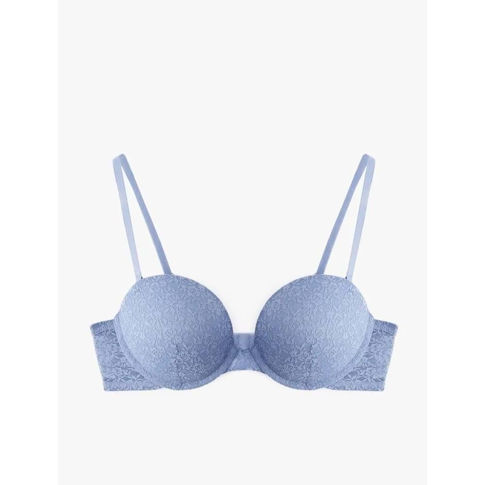 Kadın İç Giyim Çıkarılabilir Askılı Ekstra Dolgulu Maximizer Destekli Dantelli Sütyen - KOTON - 6WLK10023MK - MAVİ - 80B