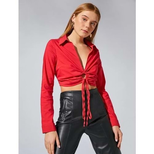 Kadın Giyim Gömlek Uzun Kollu Büzgülü Crop 2SAK60147PW Kırmızı
