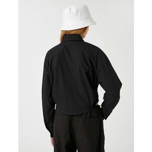 Kadın Giyim Crop Gömlek Önden Bağlama Detaylı Uzun Kollu Düğmeli 3SAL60086IW Siyah