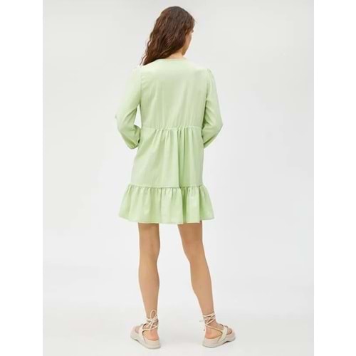 Uzun Kollu Elbise Bağlama Detaylı Volanlı Viskon Karışımlı