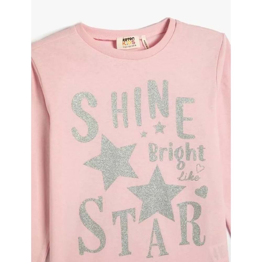 Kız Çocuk Tişört Uzun Kollu Bisiklet Yaka Yıldız Baskılı Simli Pamuklu - KOTON - 4WKG10136AK - PEMBE - 9-10 YAŞ
