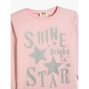 Kız Çocuk Tişört Uzun Kollu Bisiklet Yaka Yıldız Baskılı Simli Pamuklu - KOTON - 4WKG10136AK - PEMBE - 9-10 YAŞ