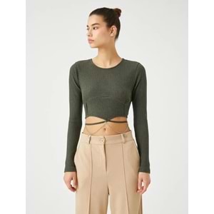 Crop Tişört Uzun Kollu Zincir Kelebek Detaylı Bisiklet Yaka - KOTON - 4WAL10139IK - HAKİ - XL