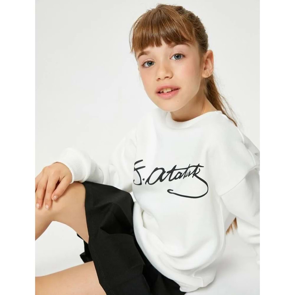 Kız Çocuk Atatürk Baskılı Sweatshirt Uzun Kollu Bisiklet Yaka 100. Yıl - KOTON - 4WKG10027AK - EKRU - 13-14 YAŞ