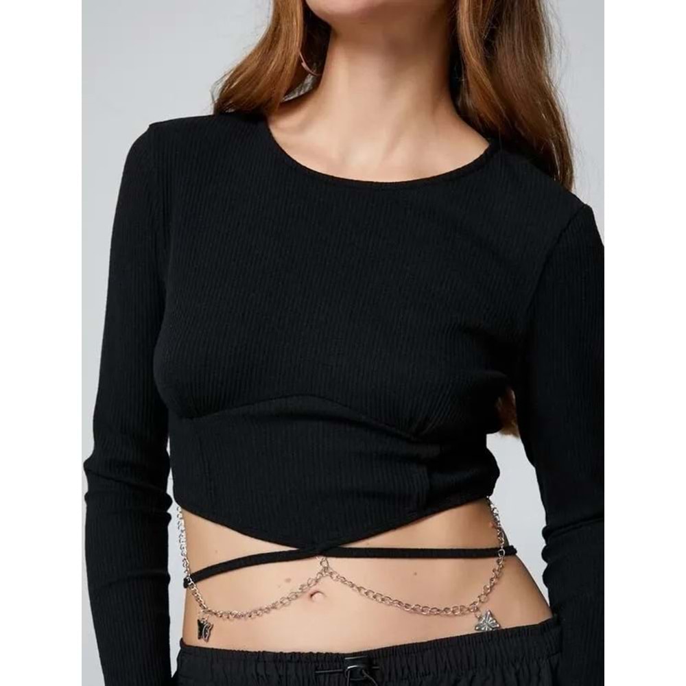 Crop Tişört Uzun Kollu Zincir Kelebek Detaylı Bisiklet Yaka - KOTON - 4WAL10139IK - SİYAH - M