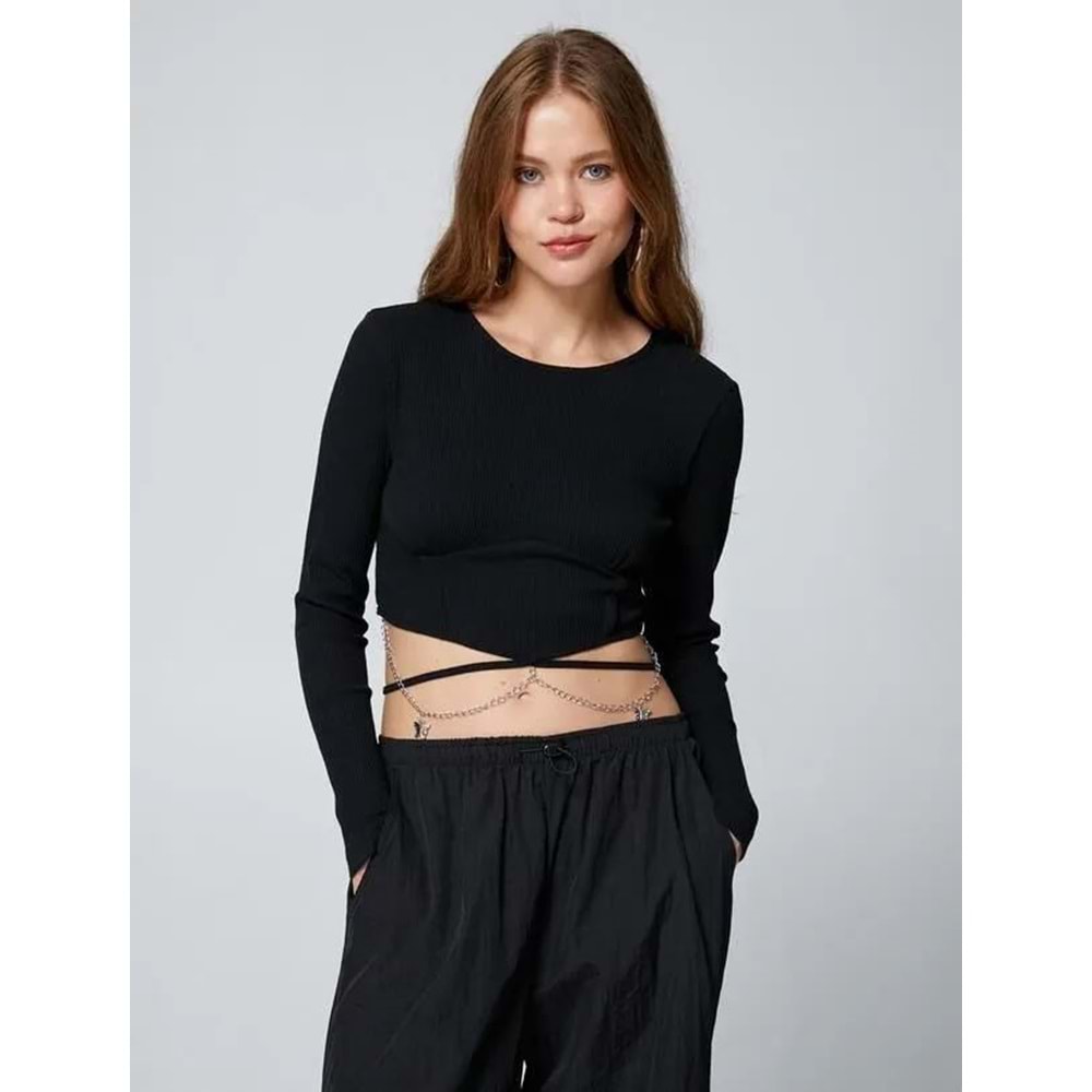 Crop Tişört Uzun Kollu Zincir Kelebek Detaylı Bisiklet Yaka - KOTON - 4WAL10139IK - SİYAH - M